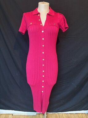 Guess Fitted Pink Rib-Knit Button-Down Polo Dress